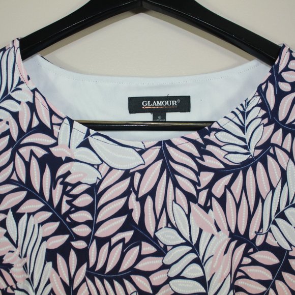 Glamour Navy Peach Leaf Print Dress NWT Sz 6 - Picture 3 of 5